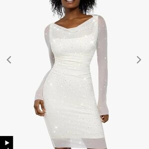 Shapewear Heat-Set Crystal Mesh L Sleeve Slim Mini Dress Size M WHITE Popilush